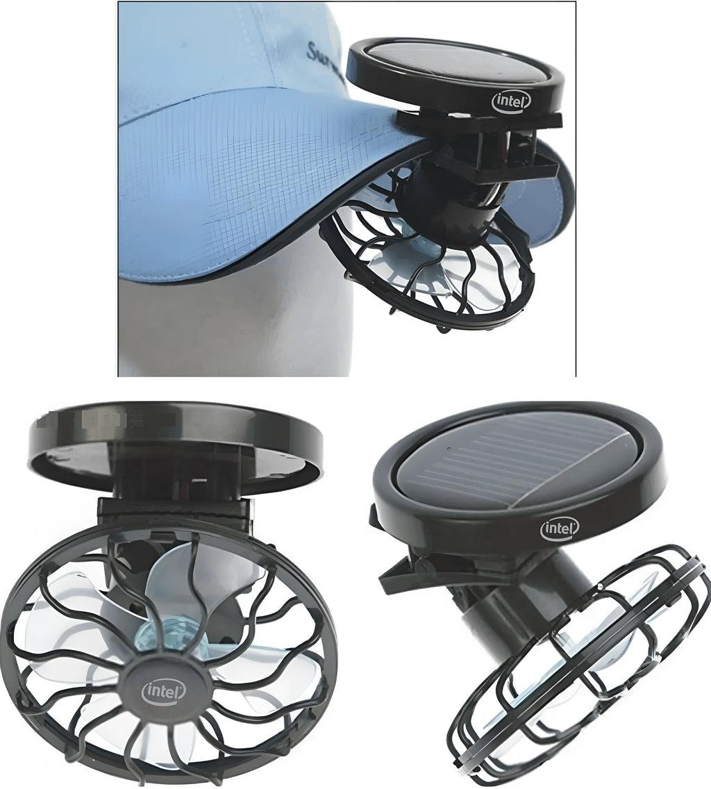 Black portable solar fan with clip-on panel for outdoor cooling during camping and fishing