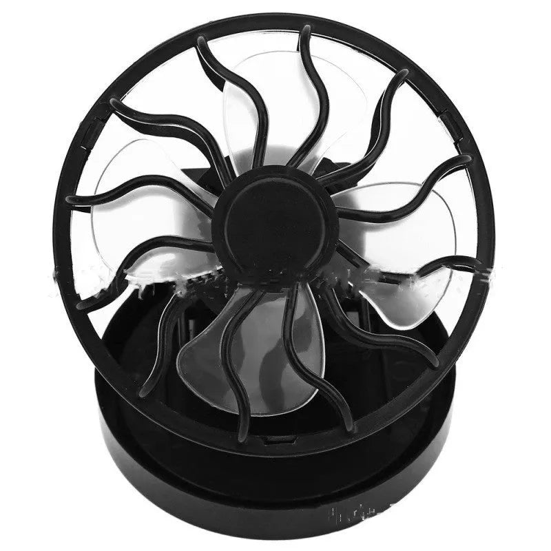Black portable solar fan with clip-on panel for outdoor cooling during camping and fishing
