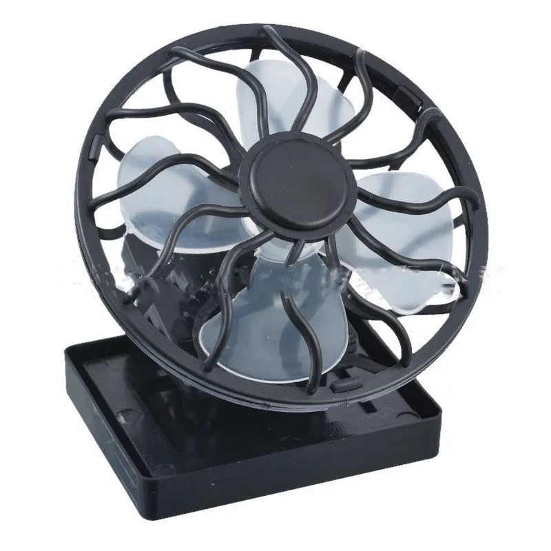 Black portable solar fan with clip-on panel for outdoor cooling during camping and fishing