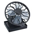 Black portable solar fan with clip-on panel for outdoor cooling during camping and fishing