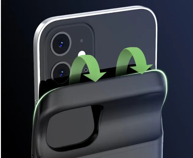 Black wireless back clip battery pack with TPU soft bag for iPhone 12, showing multi-USB ports and clip.