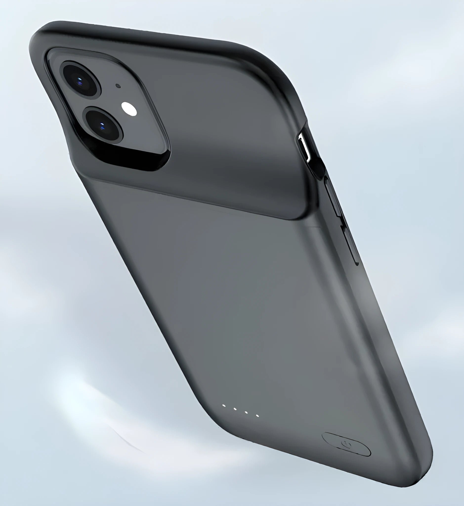 Black wireless back clip battery pack with TPU soft bag for iPhone 12, showing multi-USB ports and clip.