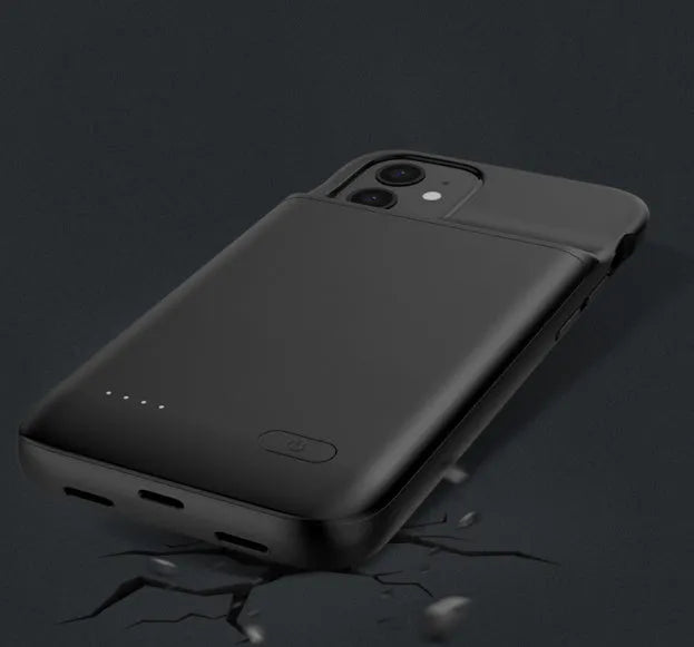 Black wireless back clip battery pack with TPU soft bag for iPhone 12, showing multi-USB ports and clip.