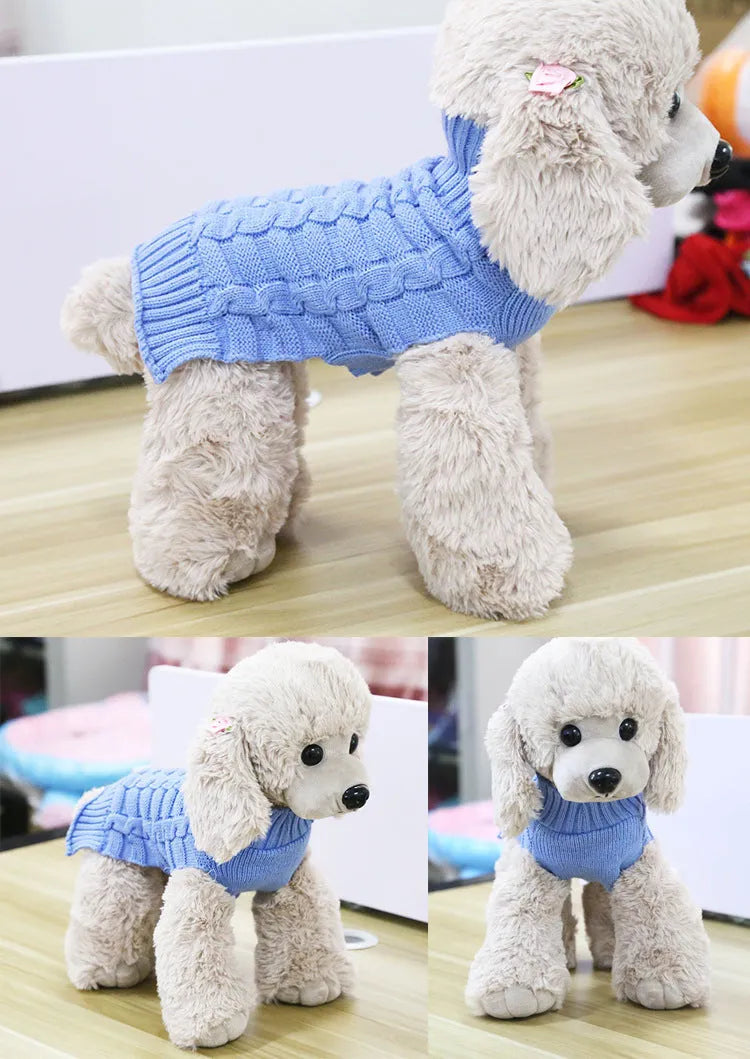 Cashmere twisted rope dog sweater in various colours and sizes on a mannequin