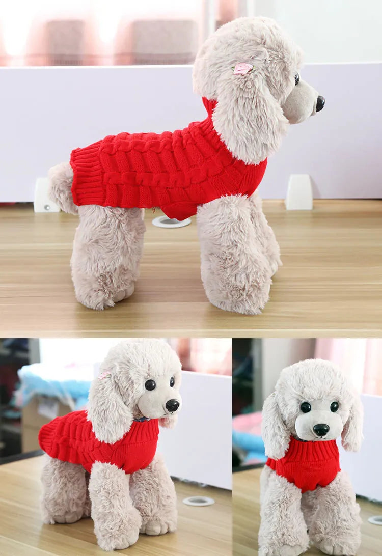 Cashmere twisted rope dog sweater in various colours and sizes on a mannequin