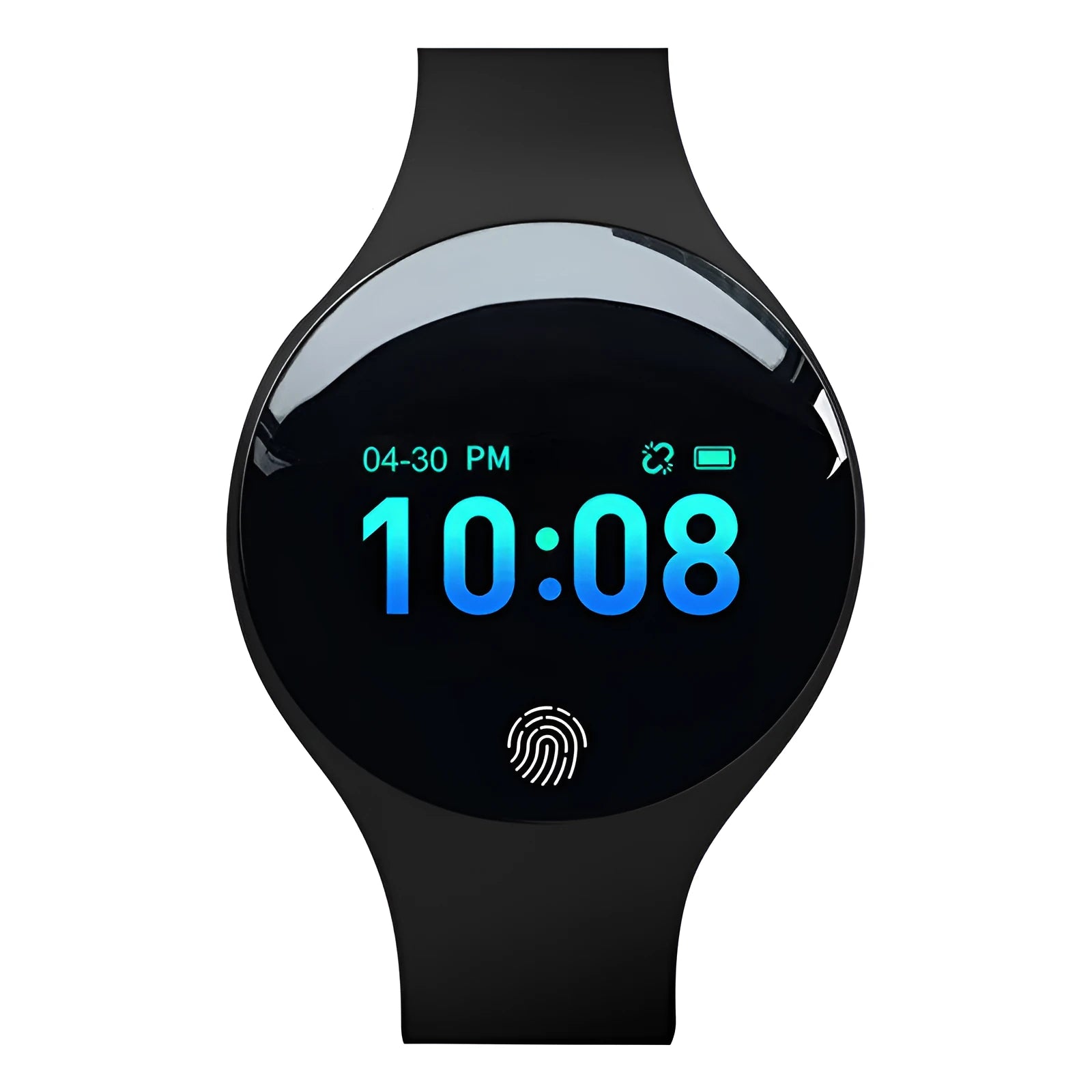 Black Bluetooth smart watch with round 37mm dial and silicone strap on a wrist, showing the 0.66-inch screen.