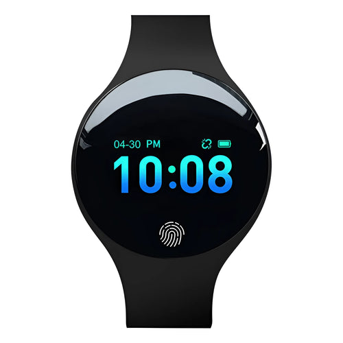 Black Bluetooth smart watch with round 37mm dial and silicone strap on a wrist, showing the 0.66-inch screen.