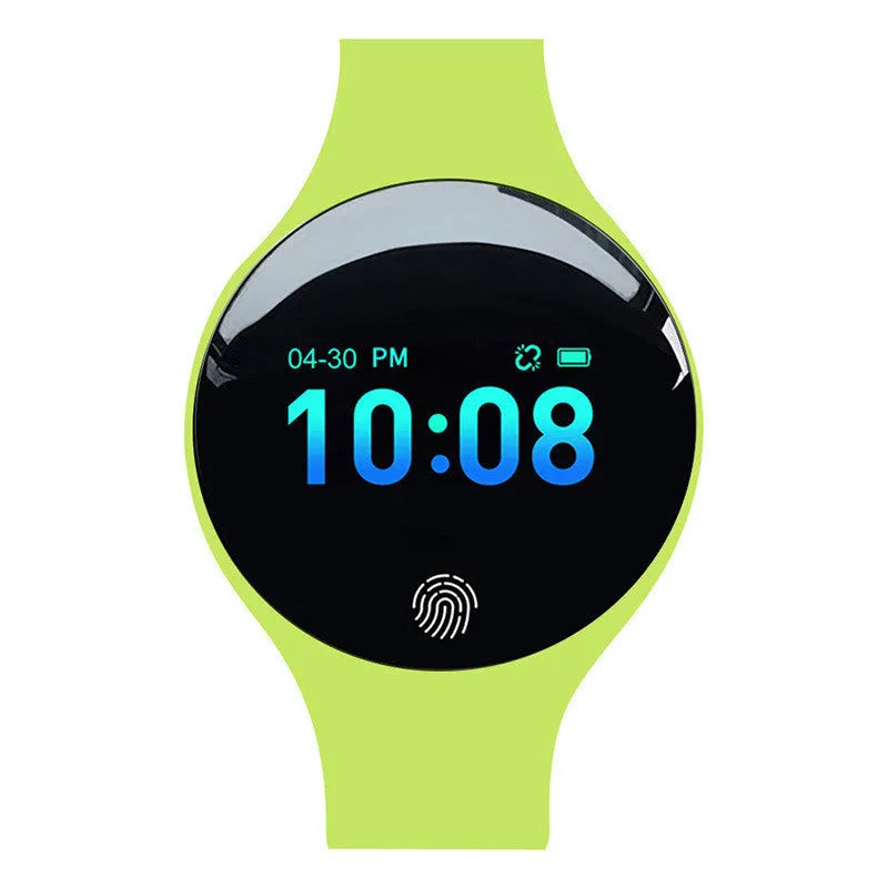 Black Bluetooth smart watch with round 37mm dial and silicone strap on a wrist, showing the 0.66-inch screen.
