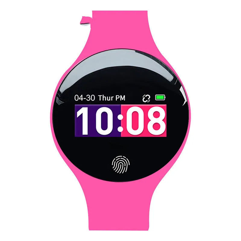 Black Bluetooth smart watch with round 37mm dial and silicone strap on a wrist, showing the 0.66-inch screen.