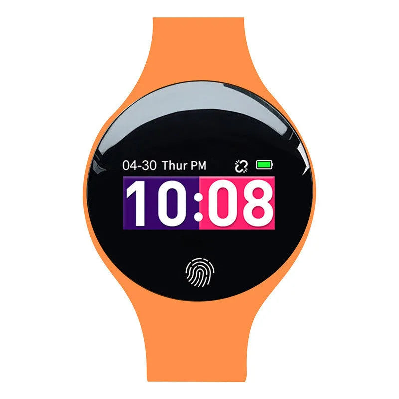 Black Bluetooth smart watch with round 37mm dial and silicone strap on a wrist, showing the 0.66-inch screen.