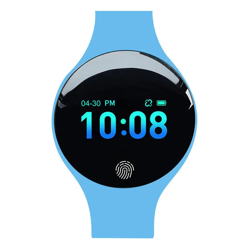 Black Bluetooth smart watch with round 37mm dial and silicone strap on a wrist, showing the 0.66-inch screen.