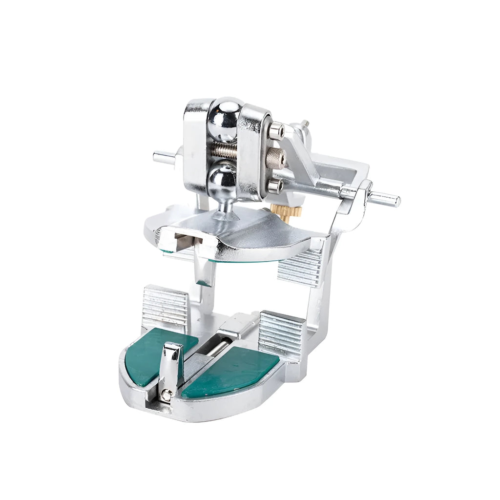 Korean metal dental articulator with adjustable joints for jaw simulation.