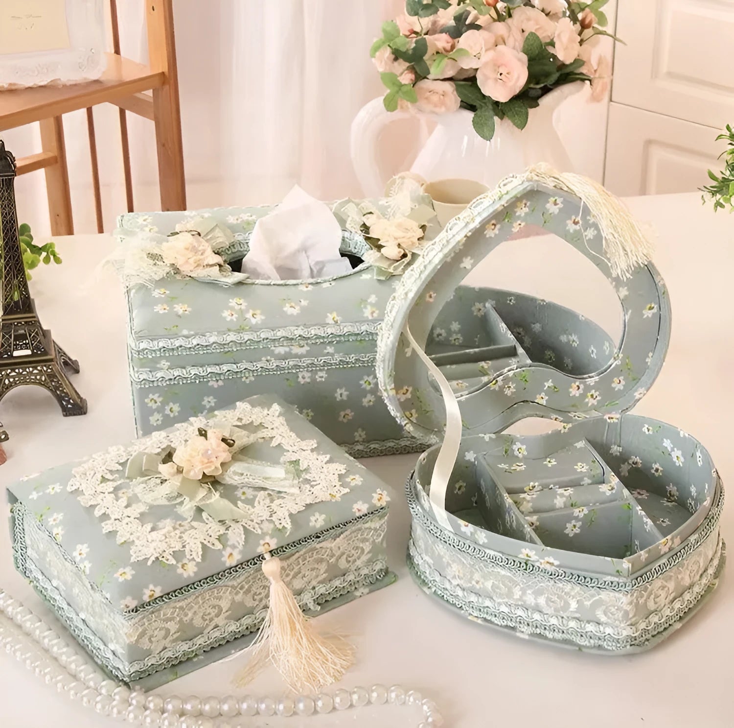 Ceramic tissue box with jewellery storage in bright green, pink or apricot colours