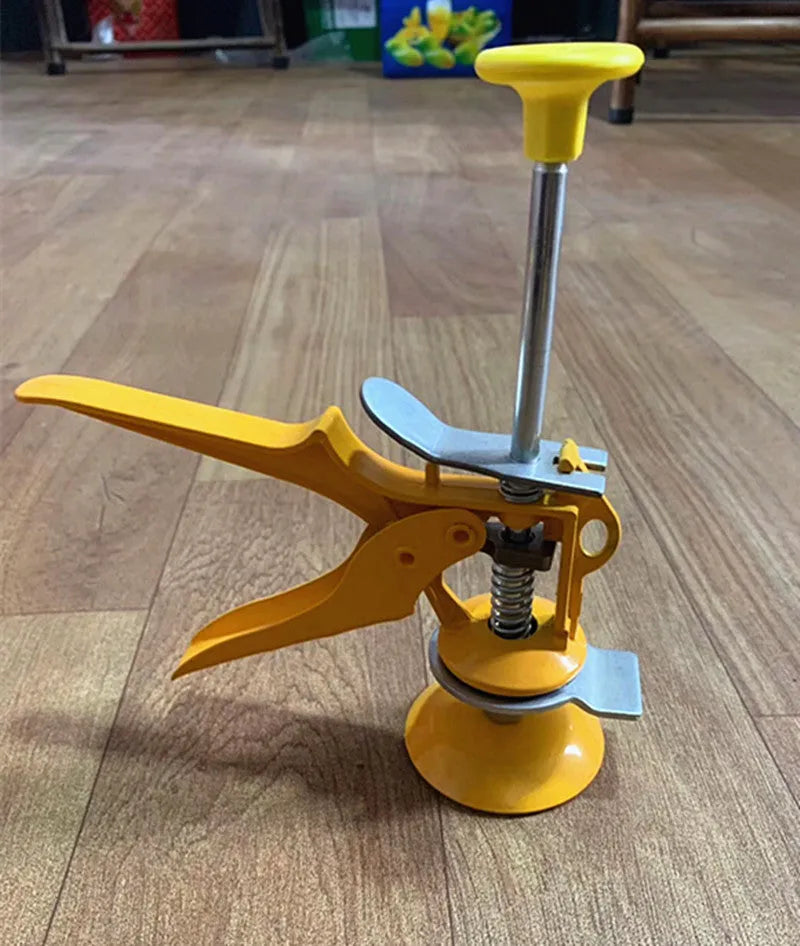 Metal alloy adjustable tile levelling spacer on a tiled surface, showing its 23.5 cm length.