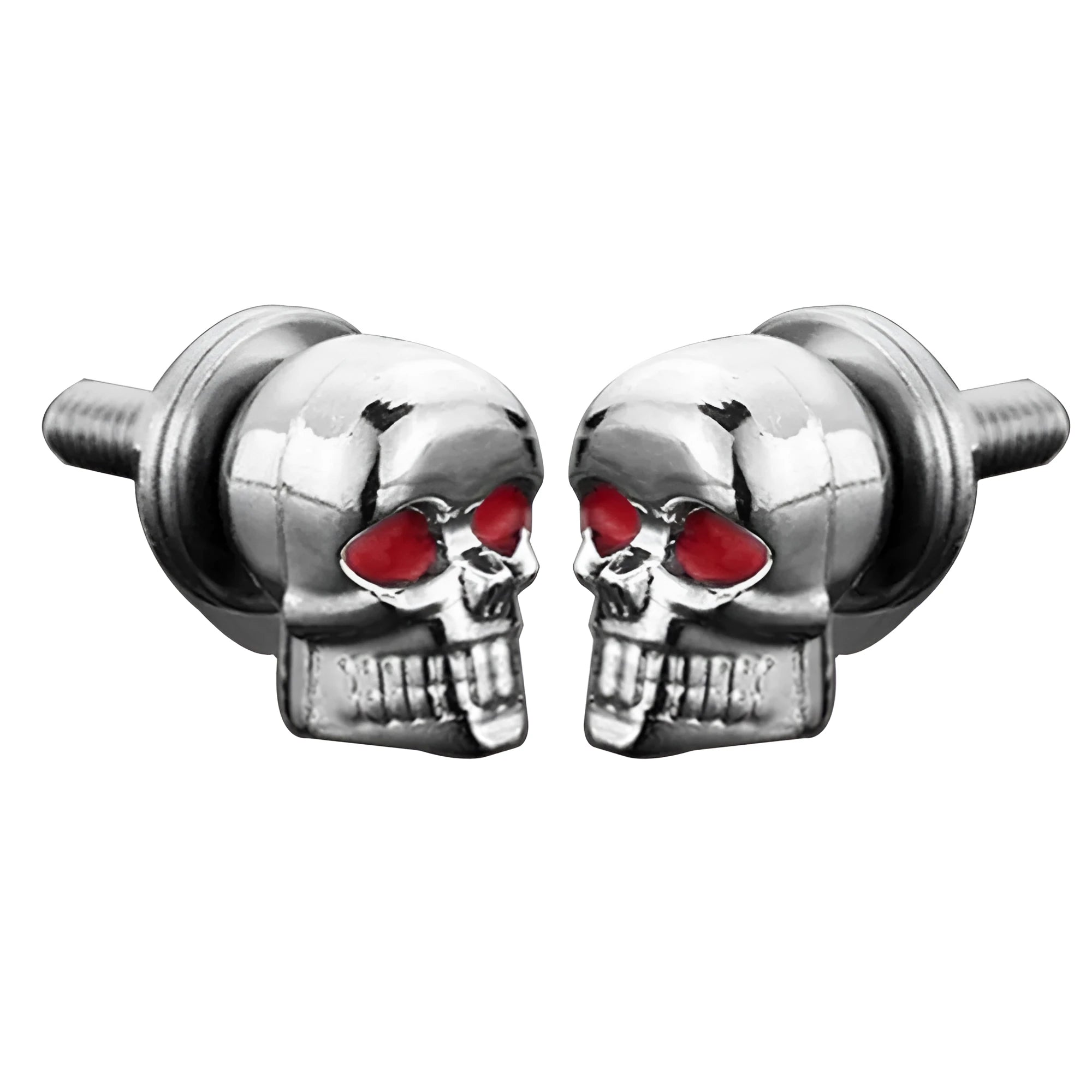 Pair of silver metal skull bolts for motorcycle fairings, 2.6 cm x 1.9 cm x 1.5 cm