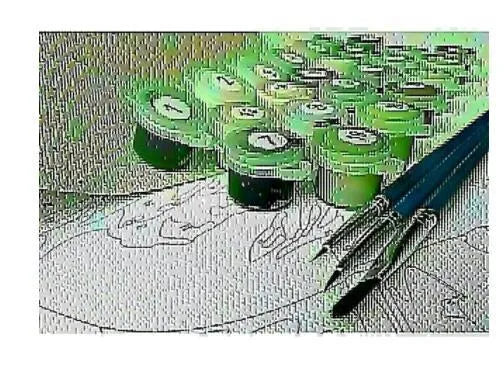 Apple and Chardonnay DIY digital painting kit with linen canvas, brushes, paints, and guide on a table.