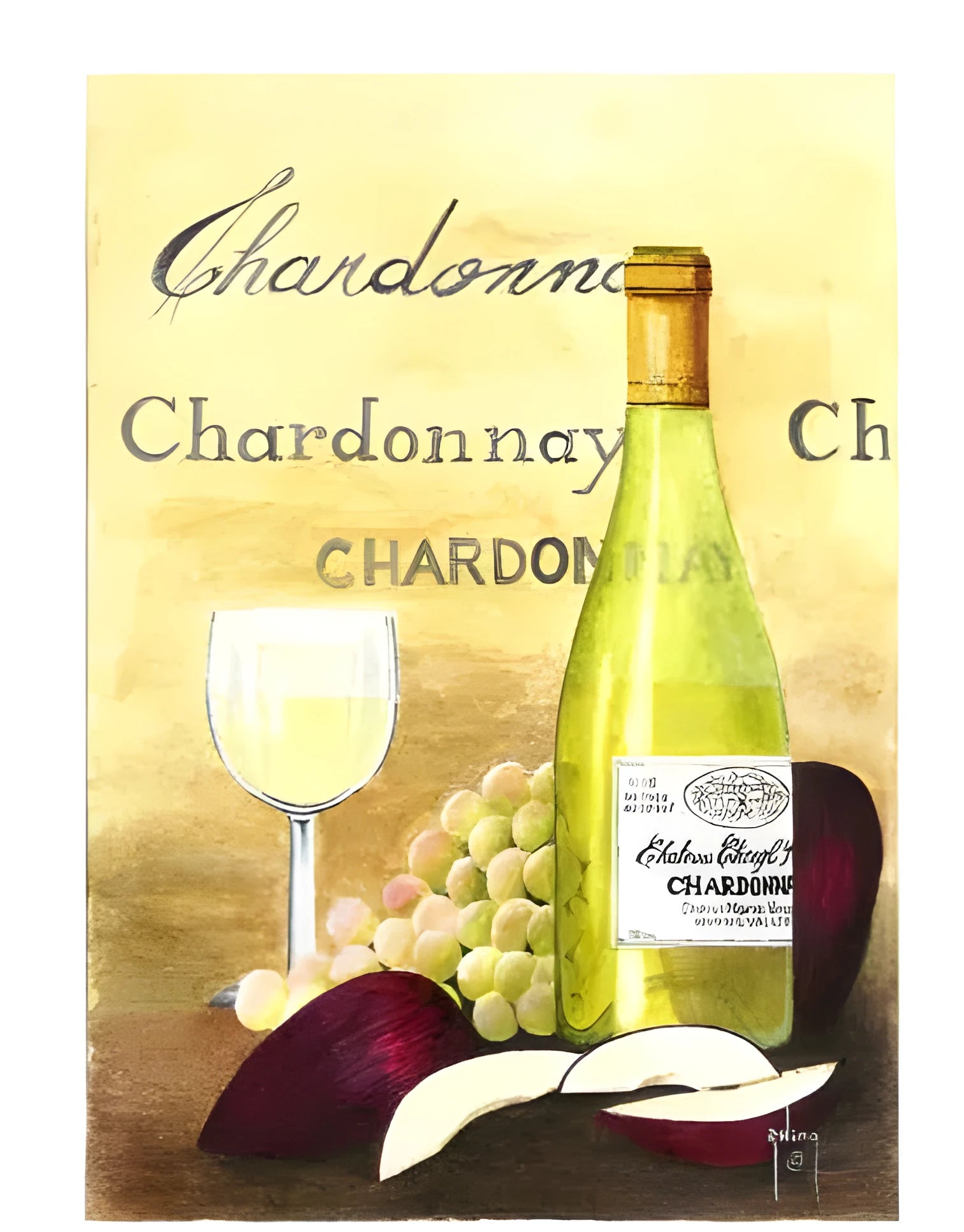 Apple and Chardonnay DIY digital painting kit with linen canvas, brushes, paints, and guide on a table.