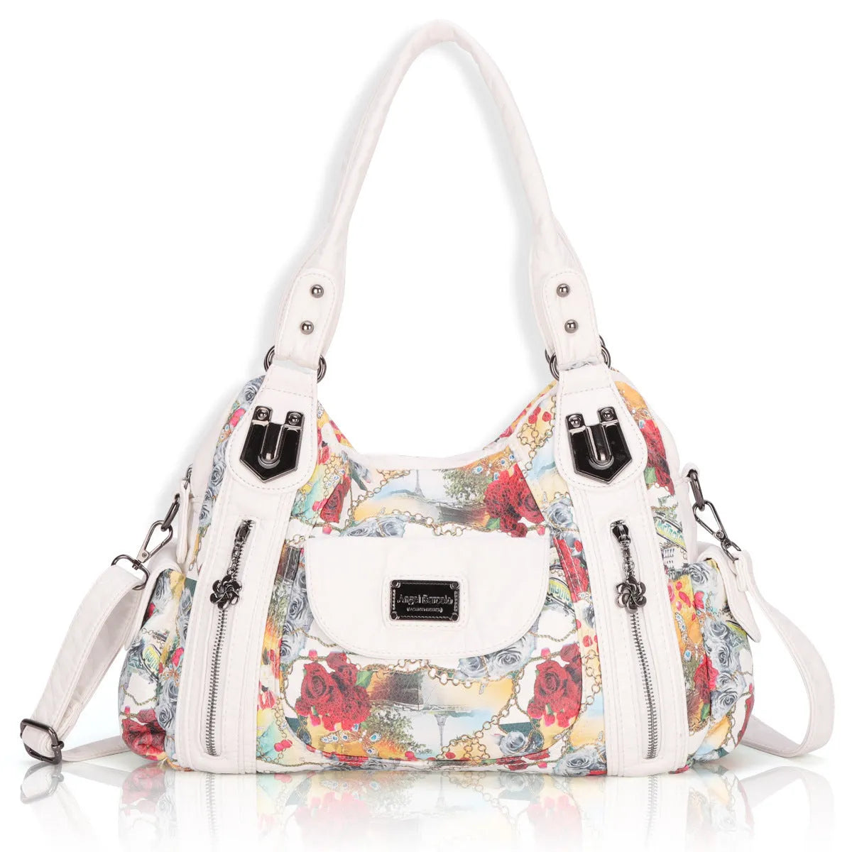 White PU leather women's shoulder messenger bag with horizontal square shape and dumpling style detail
