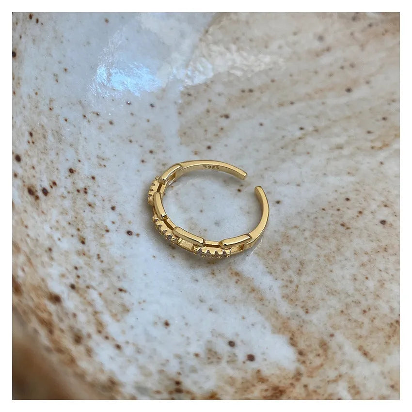 S925 Sterling Silver Hollow Flower Adjustable Diamond Ring for Women Gold Silver