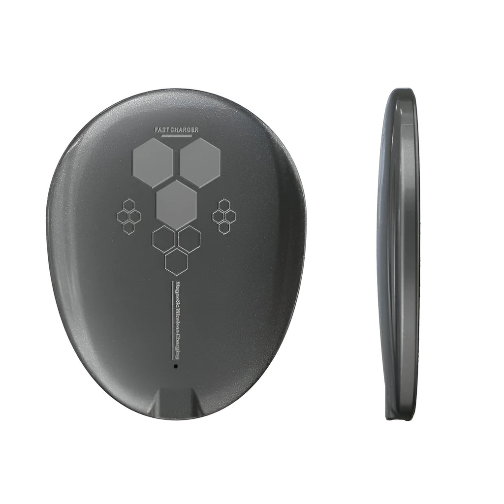 Black magnetic wireless charger with TYPE-C port on a desk.