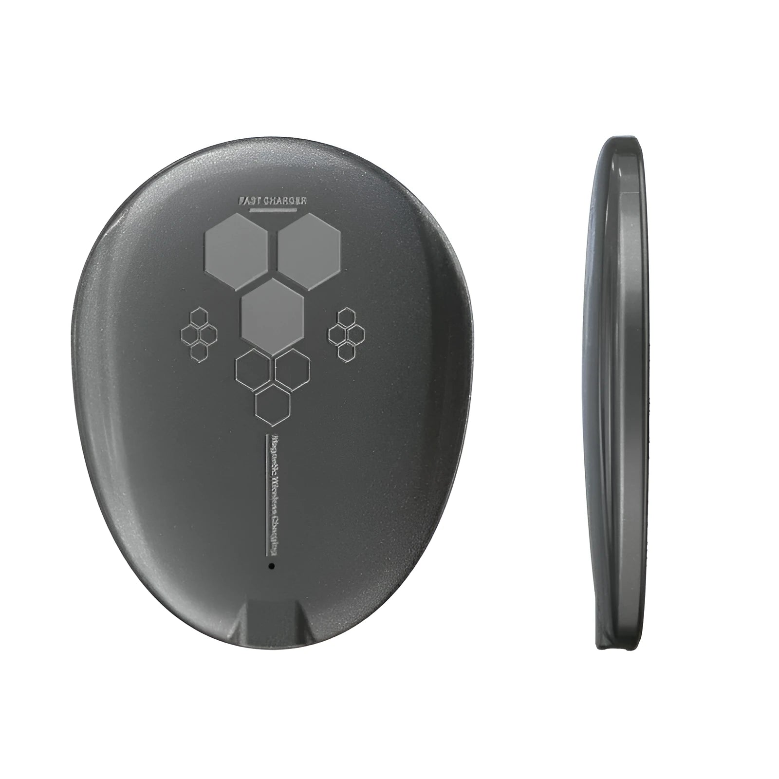 Black magnetic wireless charger with TYPE-C port on a desk.