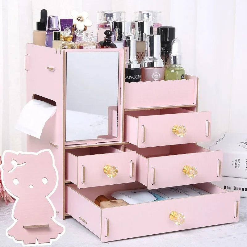 Wooden tabletop cosmetic storage box with drawer and internal compartments in cartoon cat pattern design