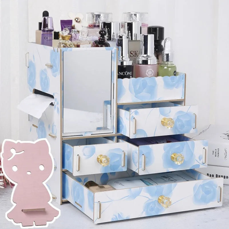 Wooden tabletop cosmetic storage box with drawer and internal compartments in cartoon cat pattern design