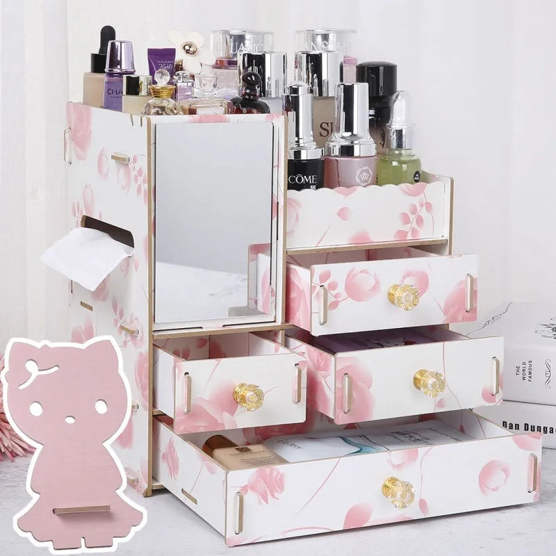 Wooden tabletop cosmetic storage box with drawer and internal compartments in cartoon cat pattern design