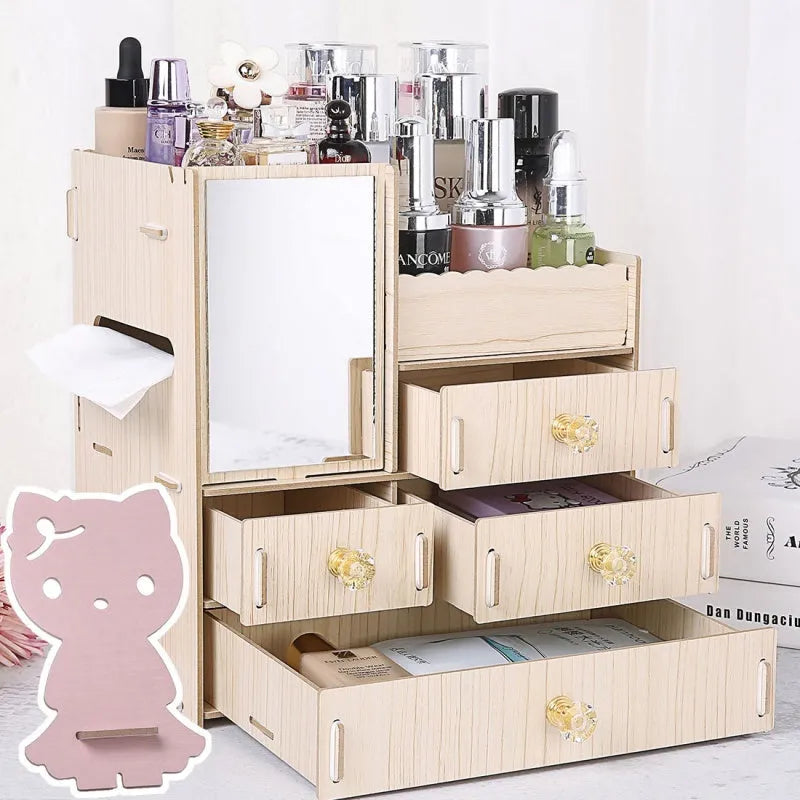 Wooden tabletop cosmetic storage box with drawer and internal compartments in cartoon cat pattern design