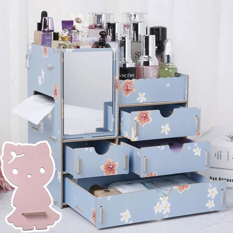 Wooden tabletop cosmetic storage box with drawer and internal compartments in cartoon cat pattern design