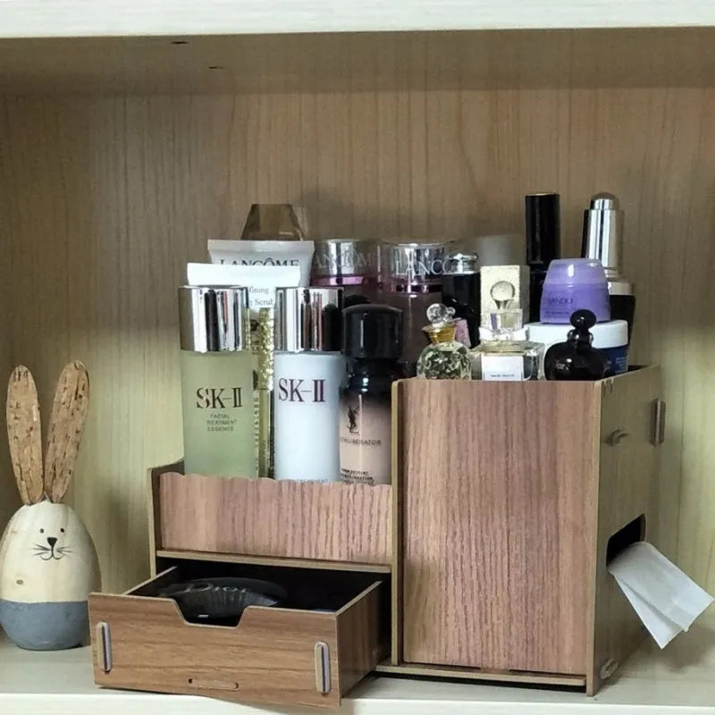 Wooden tabletop cosmetic storage box with drawer and internal compartments in cartoon cat pattern design