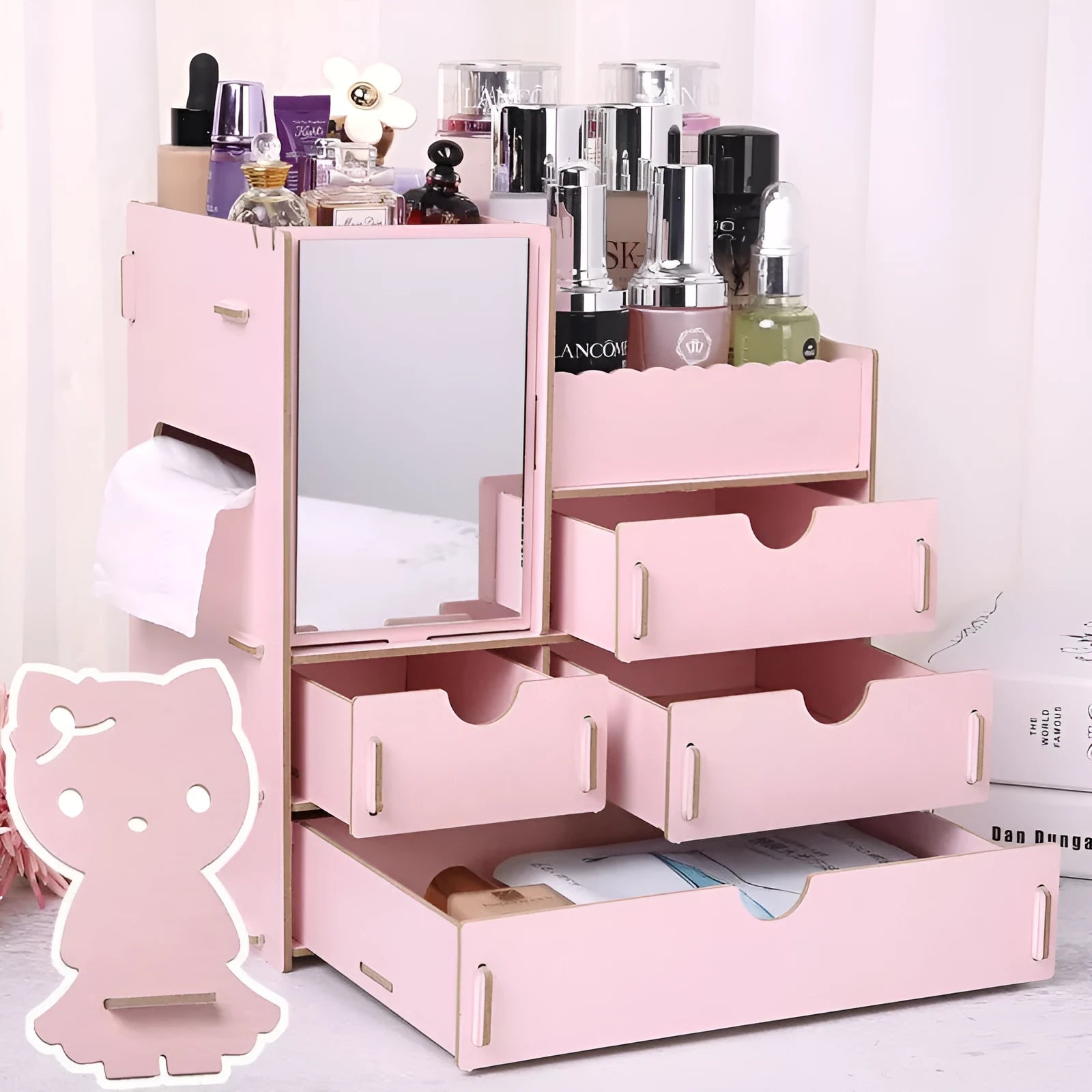 Wooden tabletop cosmetic storage box with drawer and internal compartments in cartoon cat pattern design