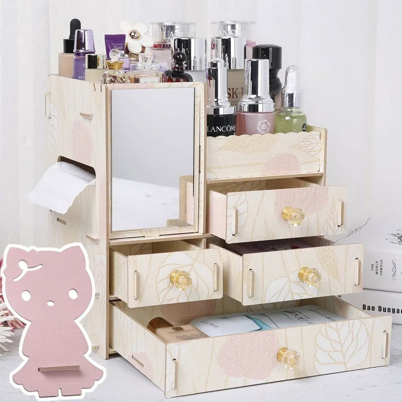 Wooden tabletop cosmetic storage box with drawer and internal compartments in cartoon cat pattern design