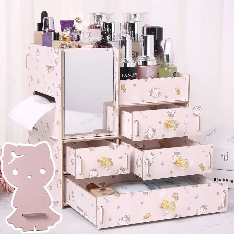 Wooden tabletop cosmetic storage box with drawer and internal compartments in cartoon cat pattern design