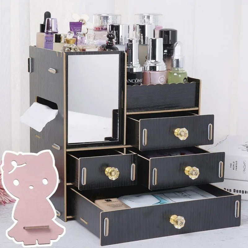 Wooden tabletop cosmetic storage box with drawer and internal compartments in cartoon cat pattern design