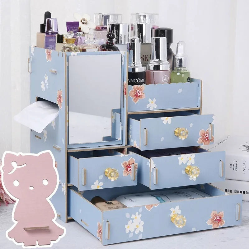 Wooden tabletop cosmetic storage box with drawer and internal compartments in cartoon cat pattern design