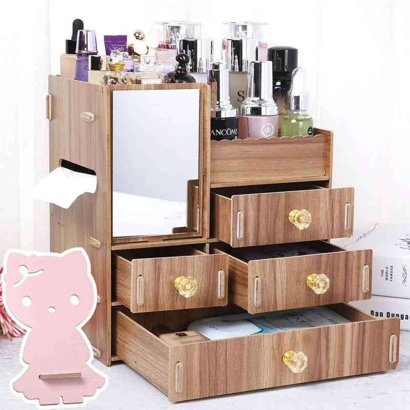 Wooden tabletop cosmetic storage box with drawer and internal compartments in cartoon cat pattern design
