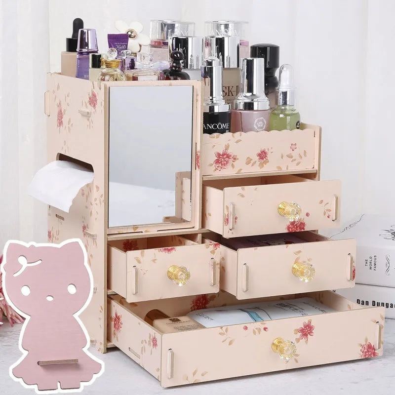 Wooden tabletop cosmetic storage box with drawer and internal compartments in cartoon cat pattern design