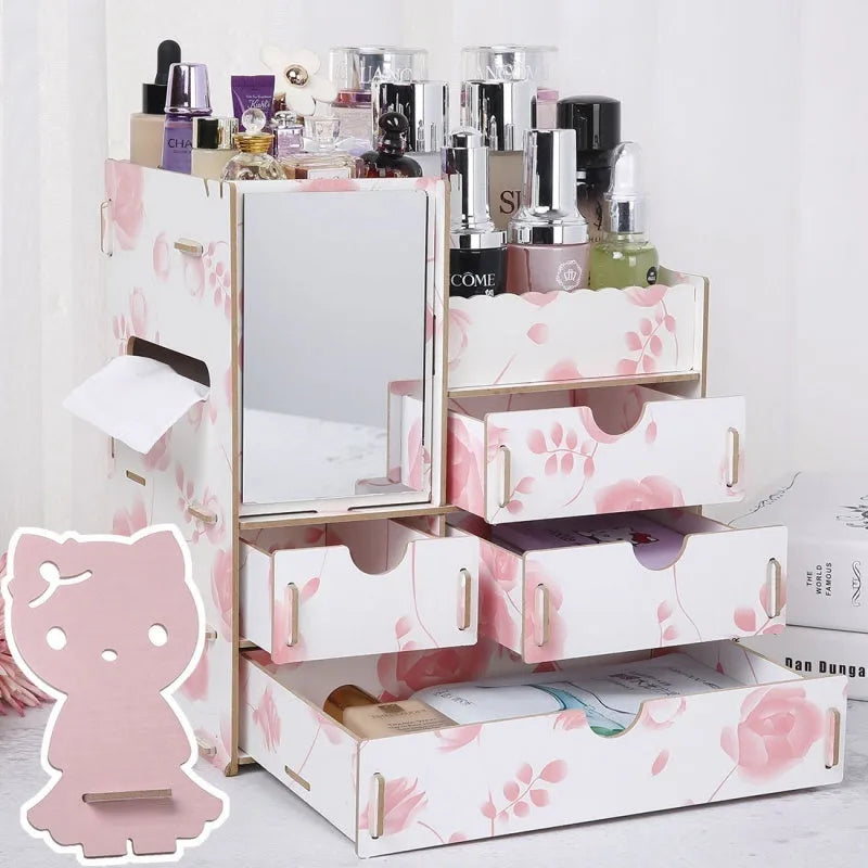 Wooden tabletop cosmetic storage box with drawer and internal compartments in cartoon cat pattern design