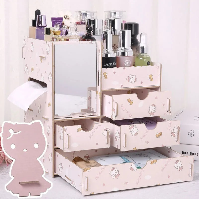 Wooden tabletop cosmetic storage box with drawer and internal compartments in cartoon cat pattern design