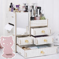 Wooden tabletop cosmetic storage box with drawer and internal compartments in cartoon cat pattern design