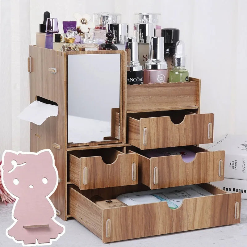 Wooden tabletop cosmetic storage box with drawer and internal compartments in cartoon cat pattern design
