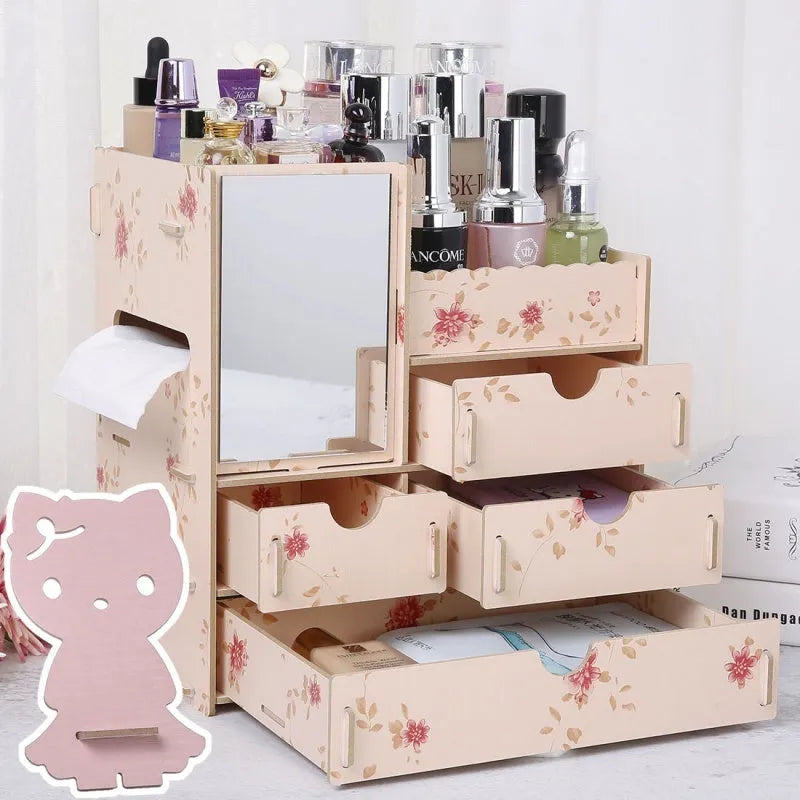 Wooden tabletop cosmetic storage box with drawer and internal compartments in cartoon cat pattern design