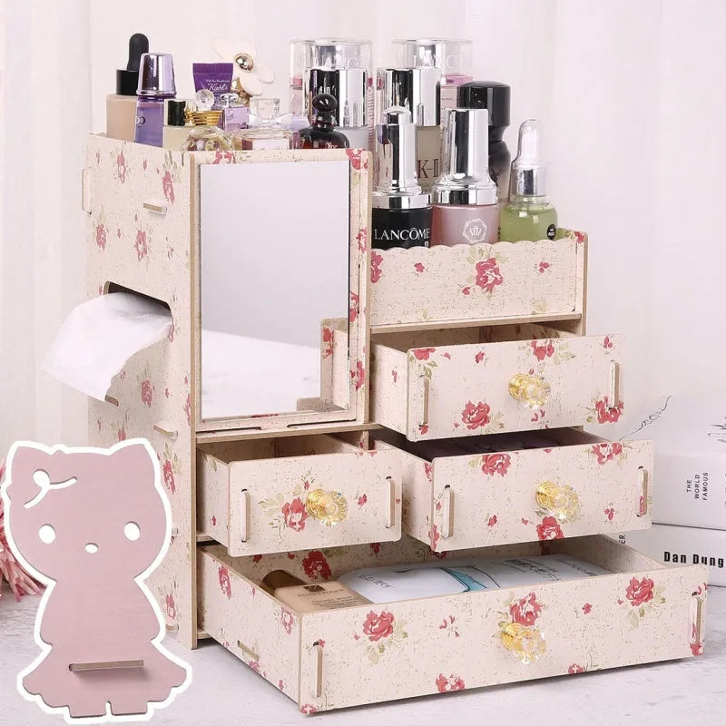 Wooden tabletop cosmetic storage box with drawer and internal compartments in cartoon cat pattern design