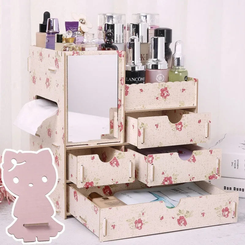 Wooden tabletop cosmetic storage box with drawer and internal compartments in cartoon cat pattern design