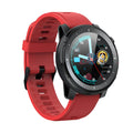 Black or red Android smart watch with round 1.3-inch touch screen and silicone strap showing IP68 waterproof rating