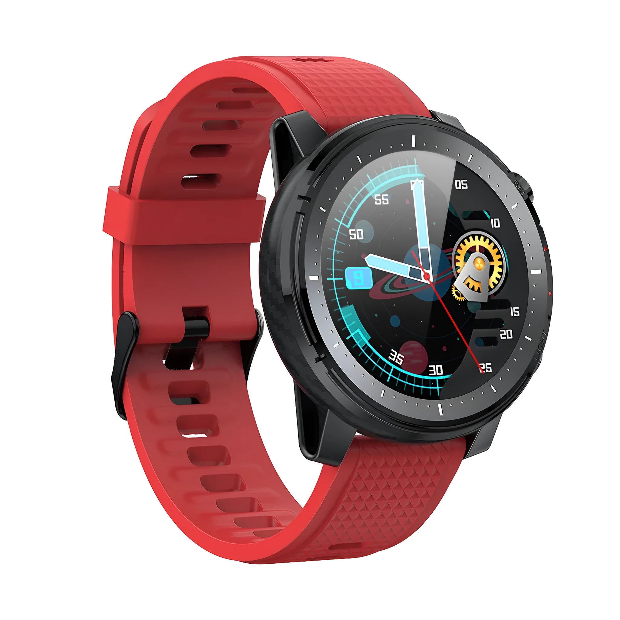 Black or red Android smart watch with round 1.3-inch touch screen and silicone strap showing IP68 waterproof rating