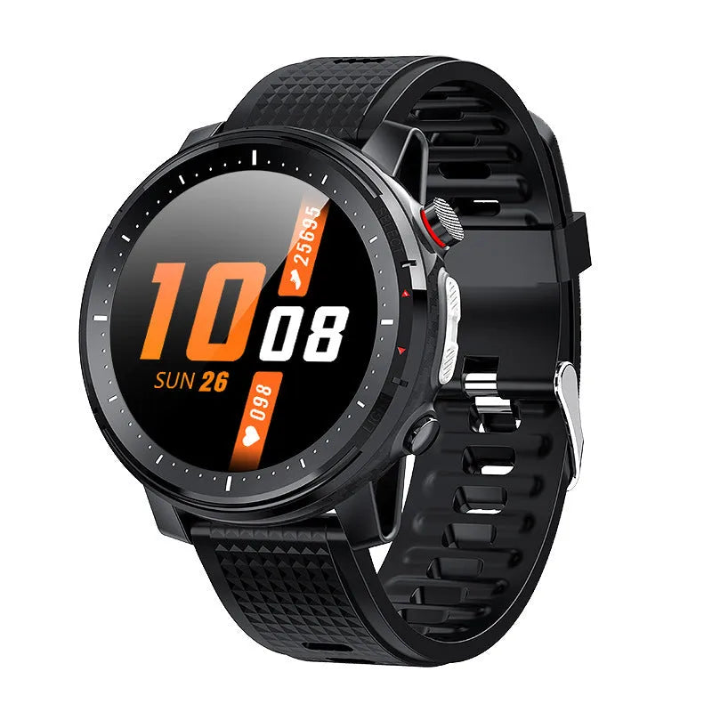 Black or red Android smart watch with round 1.3-inch touch screen and silicone strap showing IP68 waterproof rating