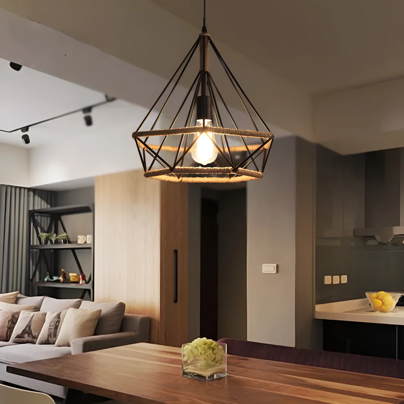 Rustic twine chandelier iron lampshade 25cm diameter adjustable height LianShang Lighting