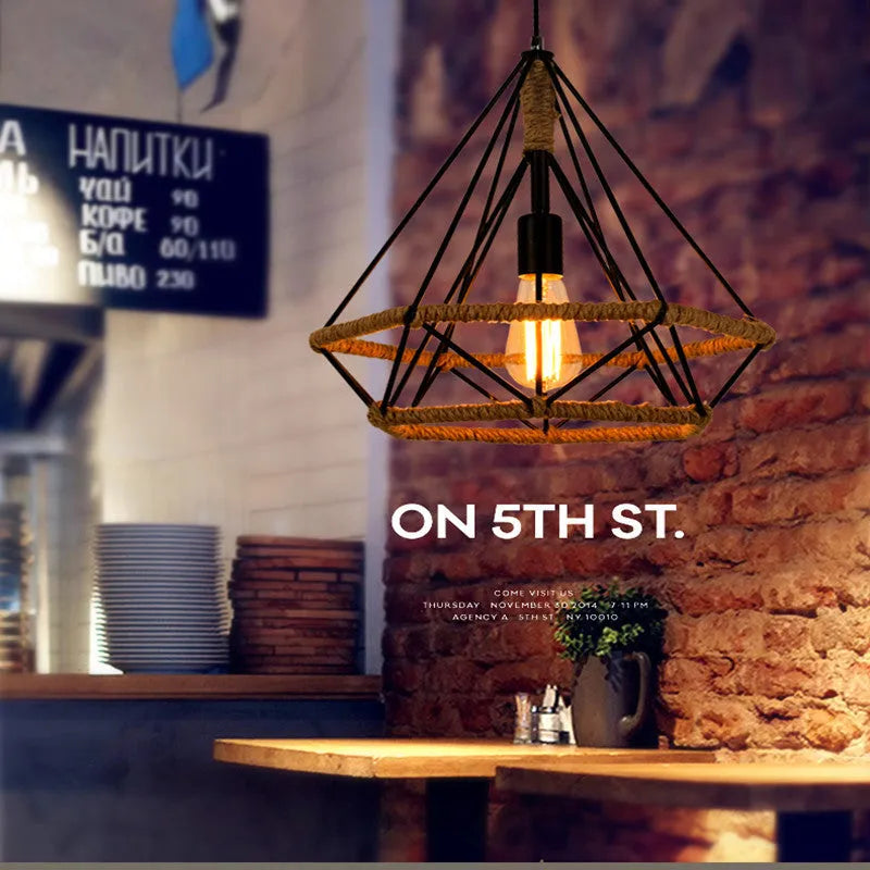 Rustic twine chandelier iron lampshade 25cm diameter adjustable height LianShang Lighting